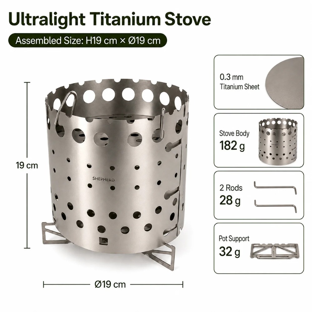 Ultralight TA1 Titanium Wood B - đánh giá và giá Ultralight Titanium Wood Stove Backpack